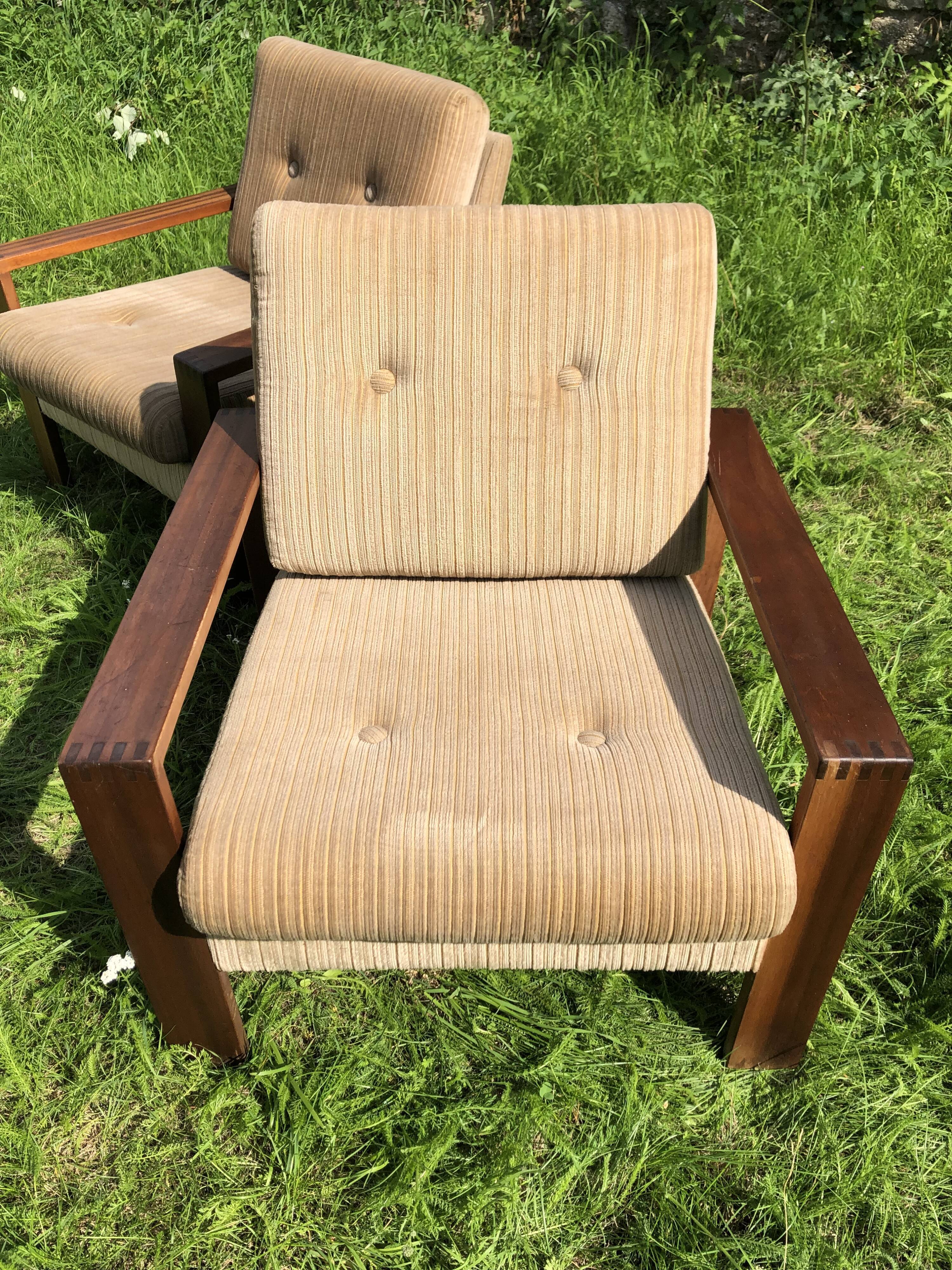 Pair of vintage beige velvet armchairs 60s