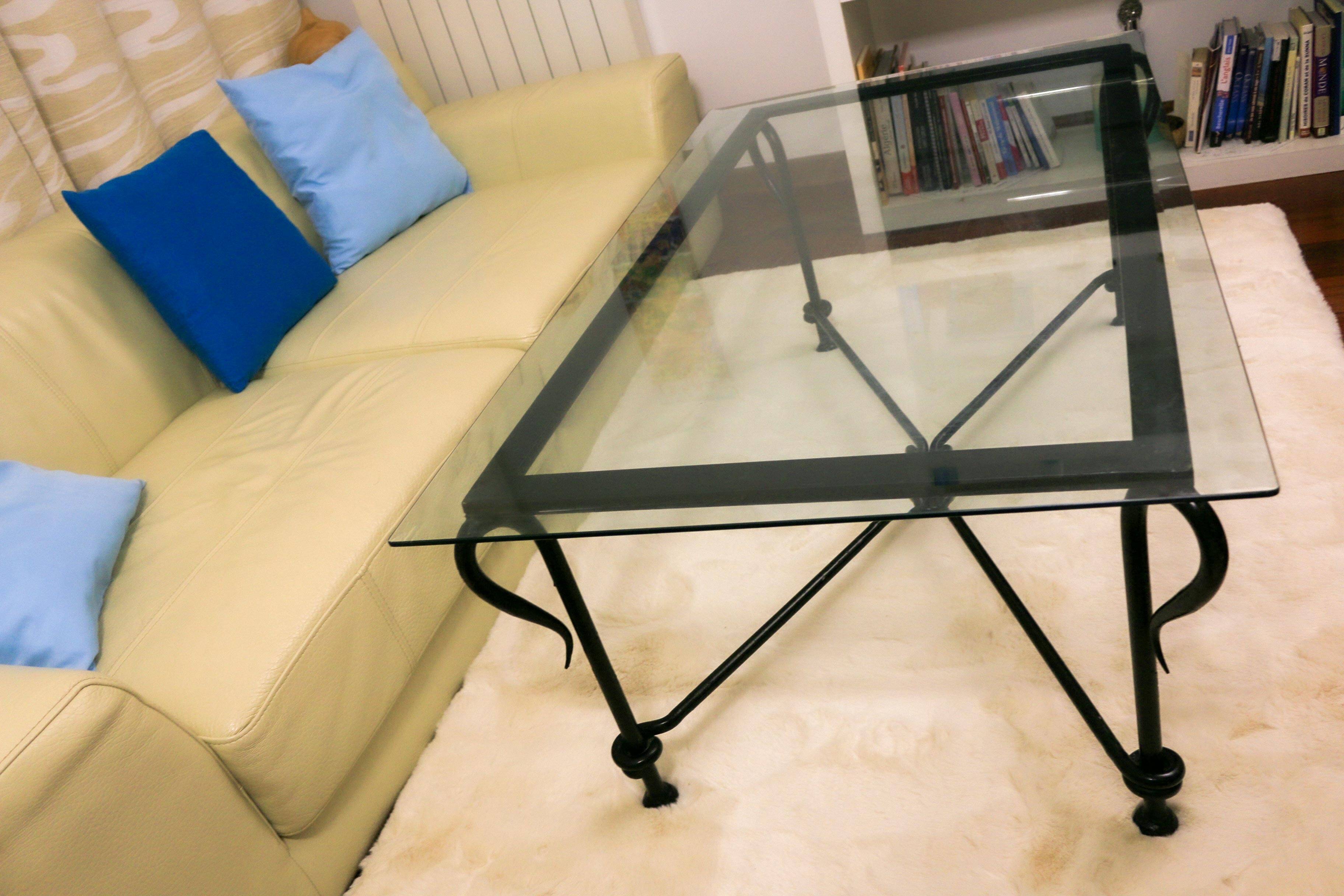 Table basse vintage – verre biseauté & fer forgé – 119×69×44 cm