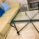 Table basse vintage – verre biseauté & fer forgé – 119×69×44 cm
