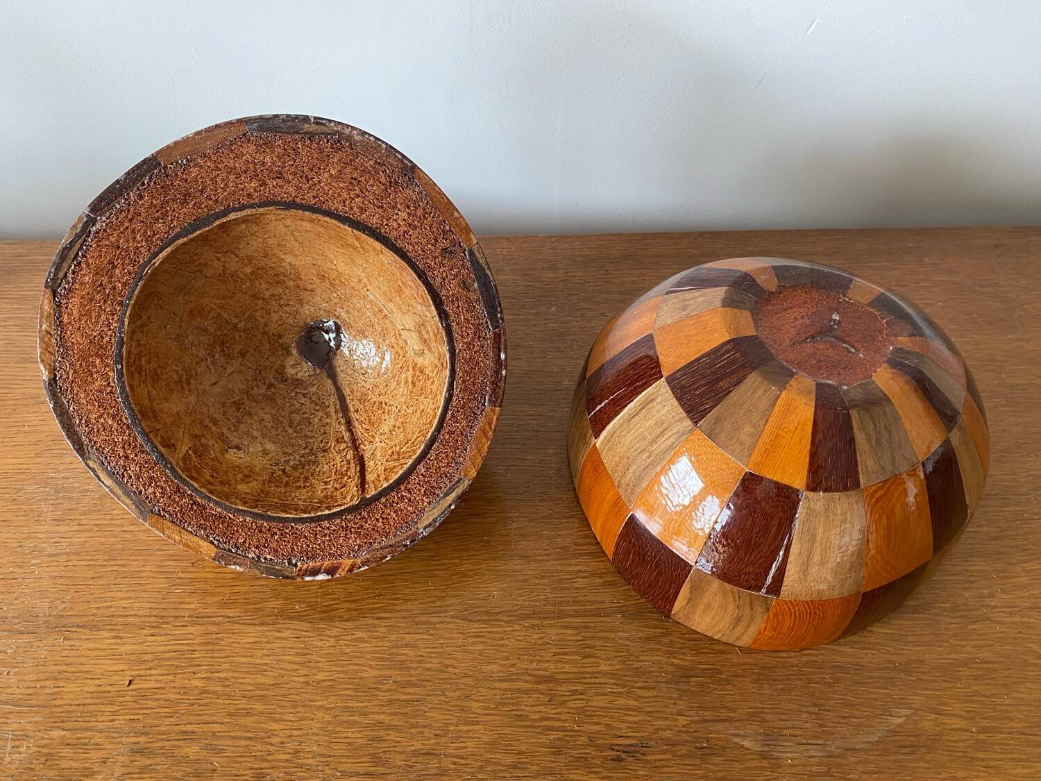 Antique Coconut Ice Bucket Wood Marquetry 1950s Vintage