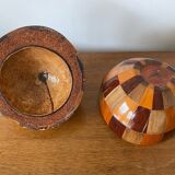 Antique Coconut Ice Bucket Wood Marquetry 1950s Vintage