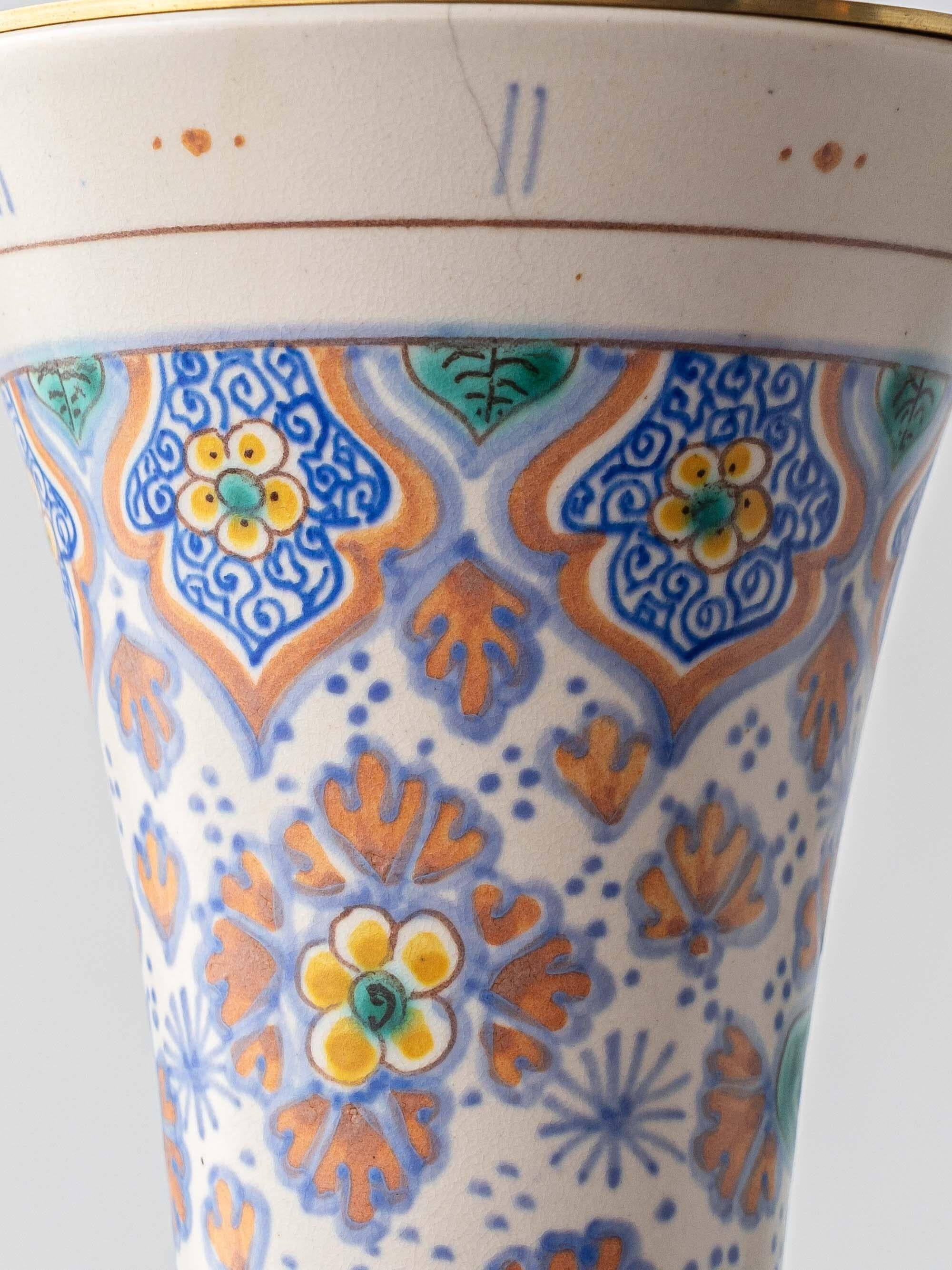 Pair of coloured ceramic table lamps in Art Nouveau style, 1918, with new shades.