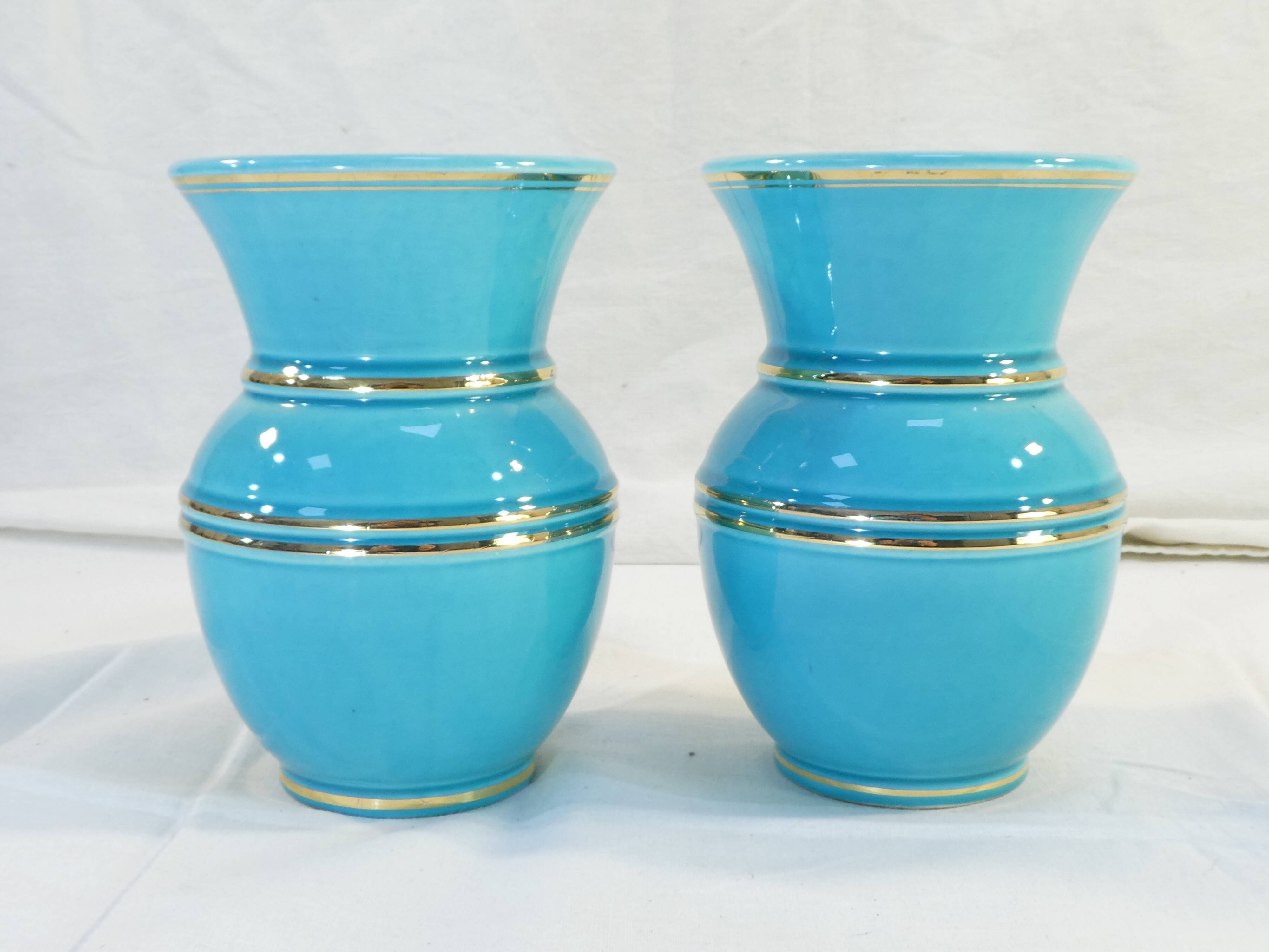 Pair of TURQUOISE BLUE AND GOLD VERCERAM vase
