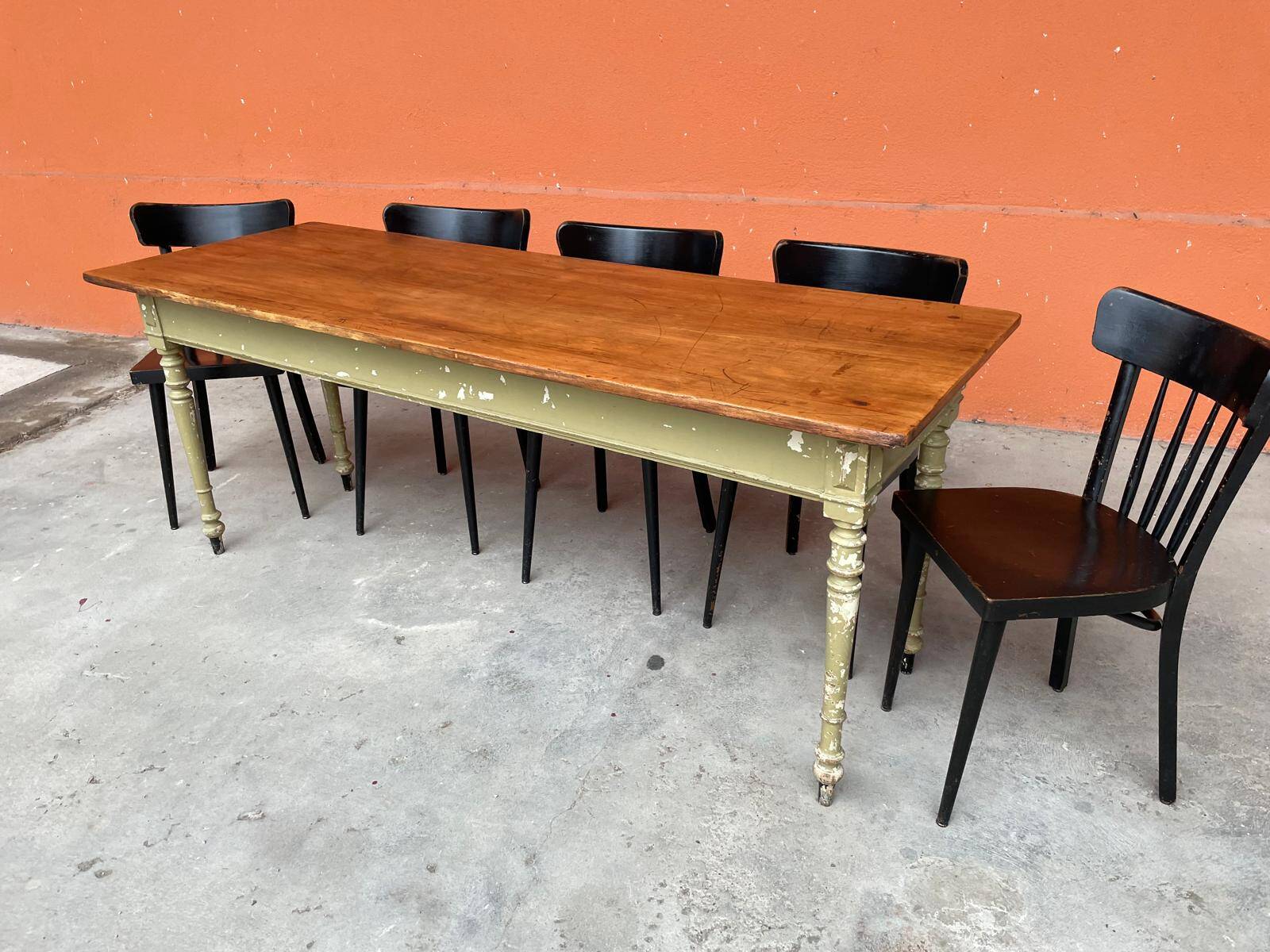 Set of 18 curved wooden bistro chairs with patina from the 60s