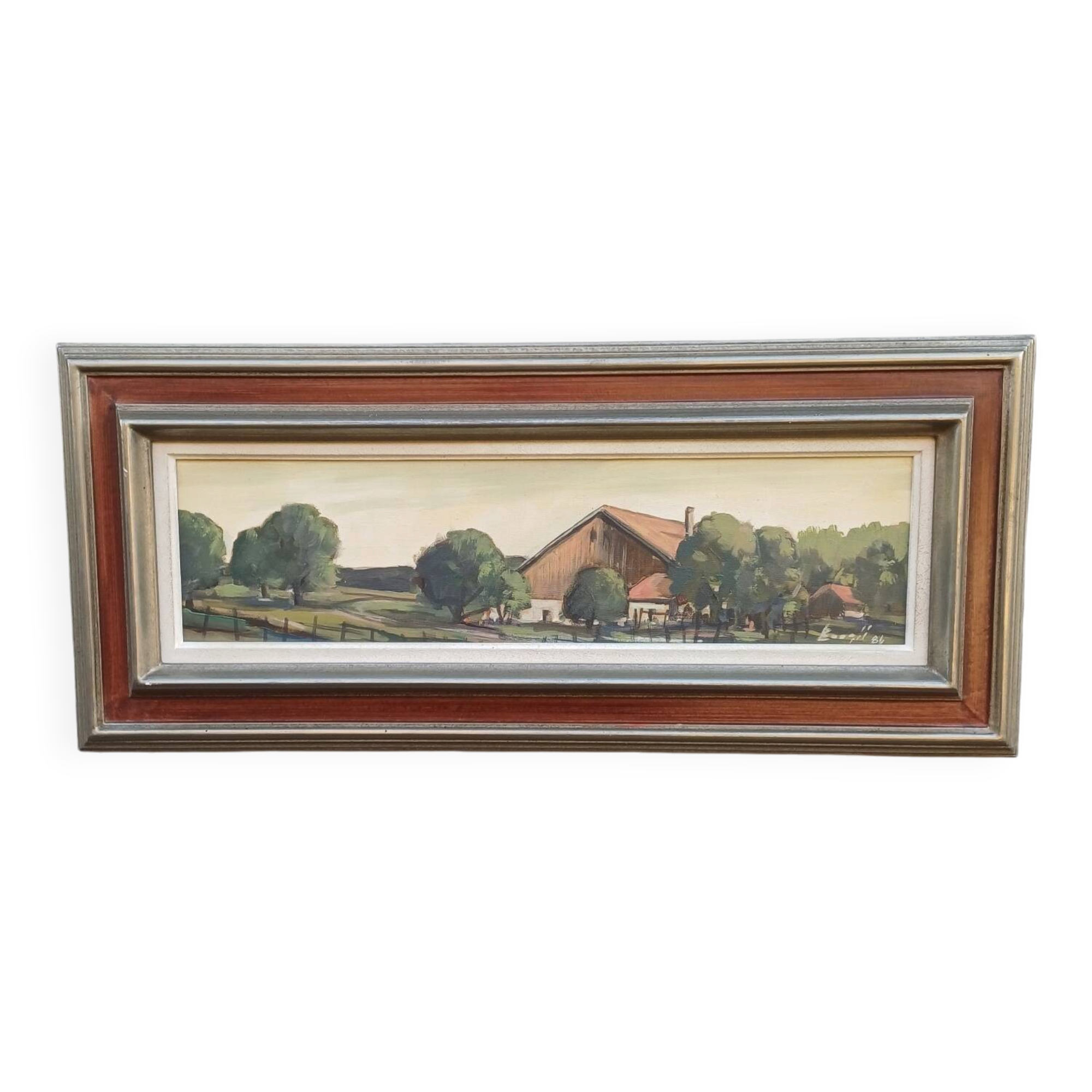 Oil painting on canvas Swiss Chalet Farm signed Boegli