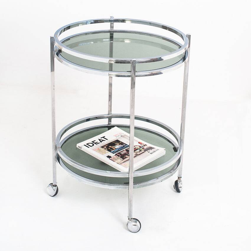 Vintage side table or serving table. Chrome metal and glass - Spain, 70s.