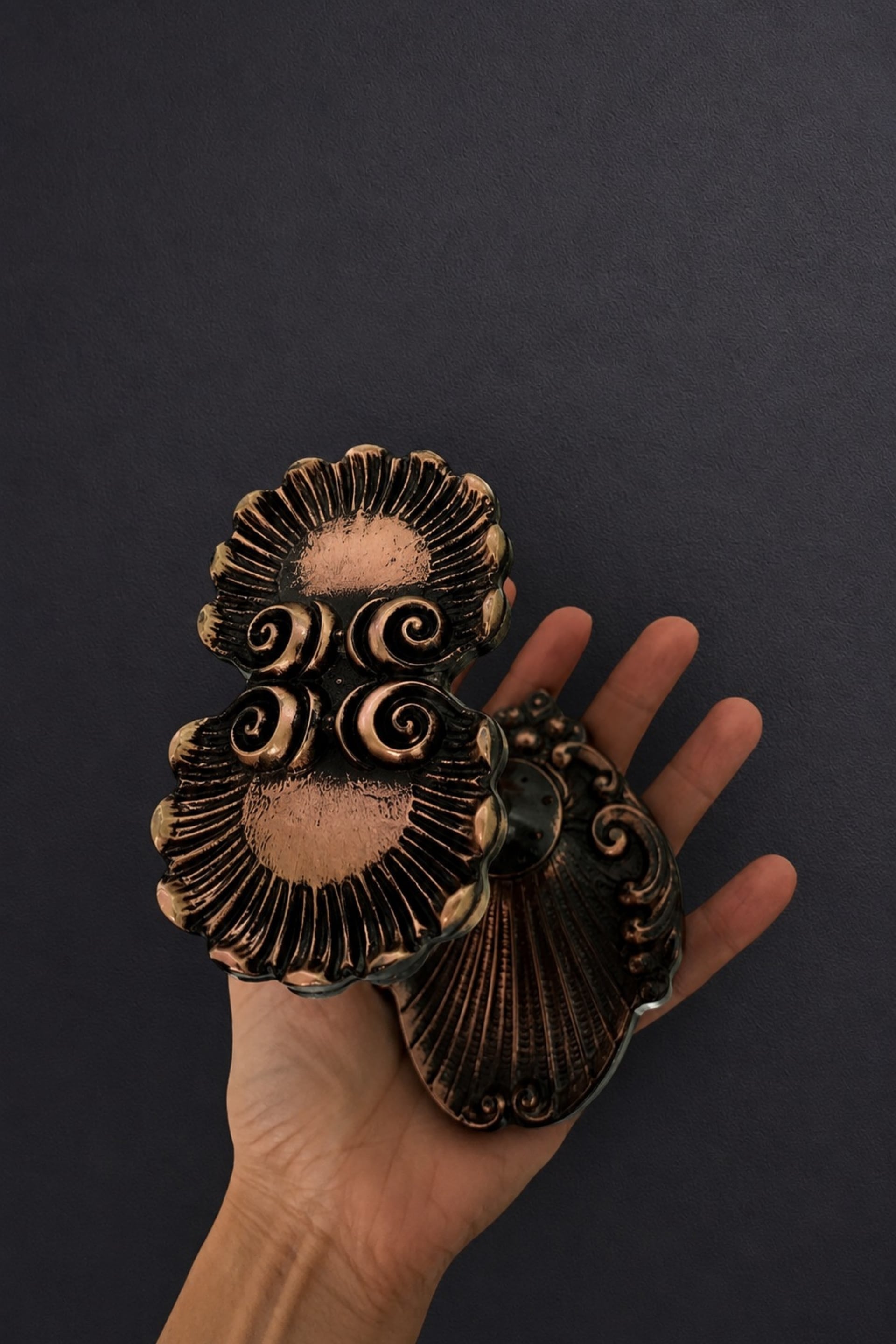 2 round mirrors made of copper alloy, 1940s-1950s