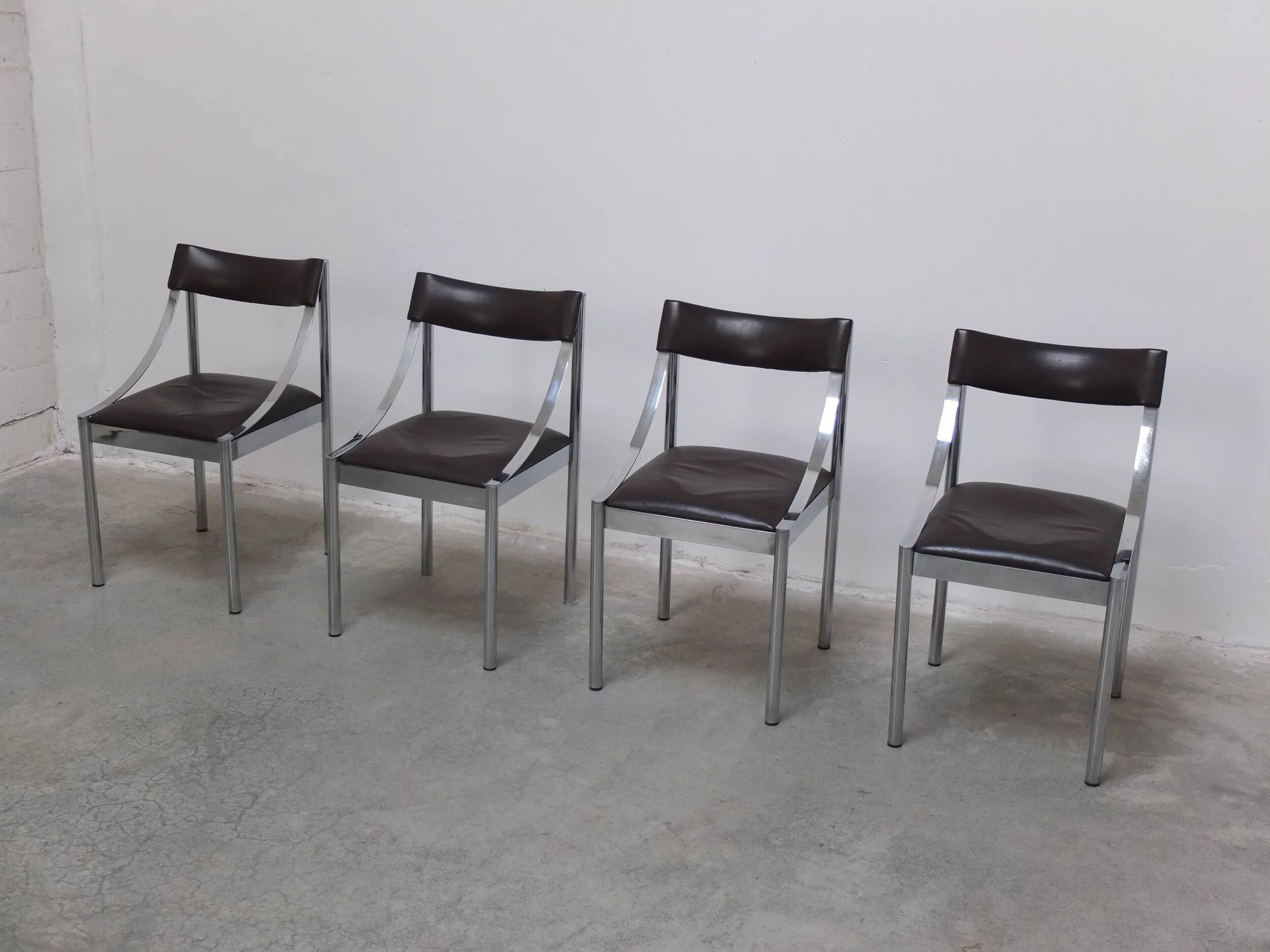 Set of 4 Italian chrome & leather dining chairs, 1970s