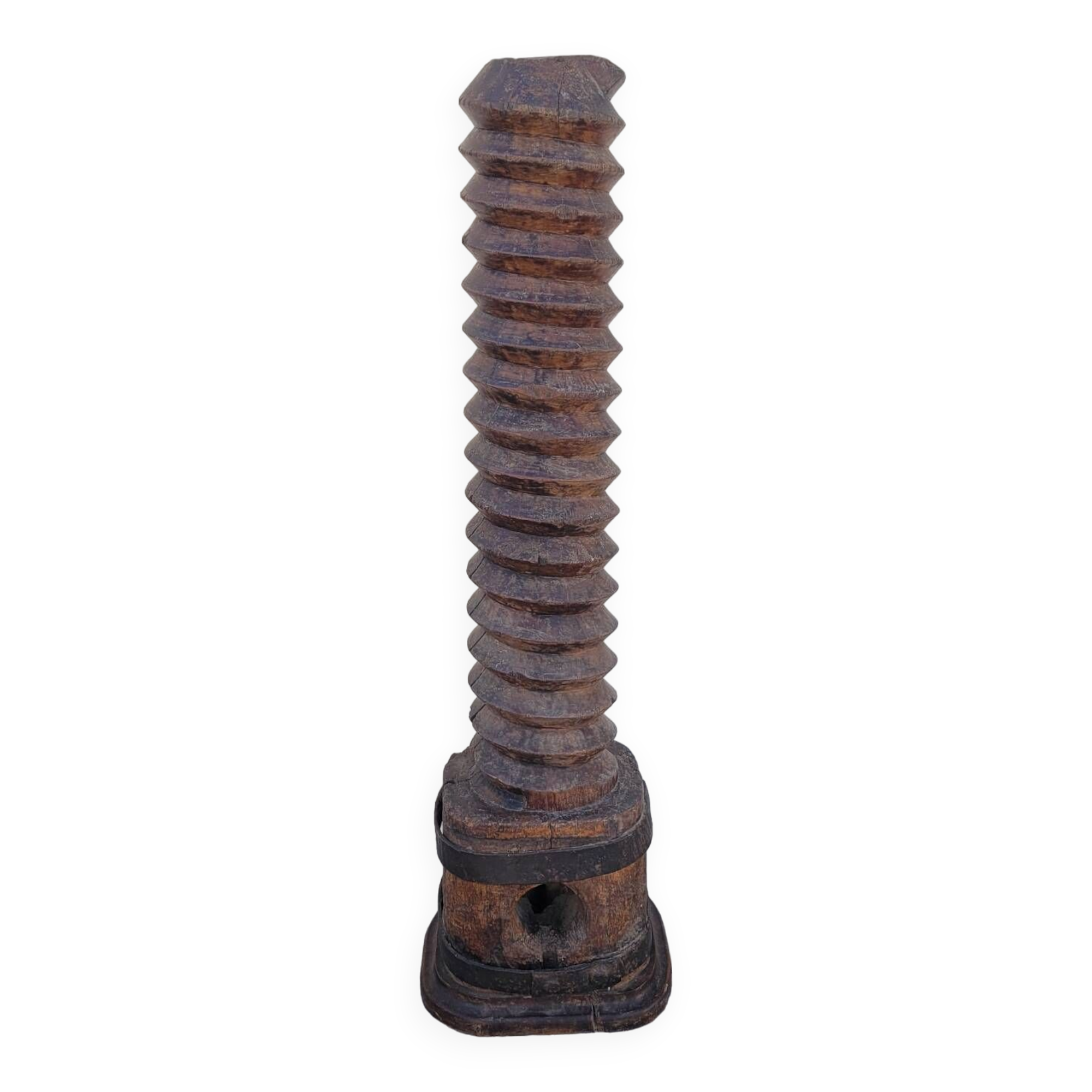 Old wooden press screw column 19th rustic folk art in oak