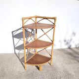 Corner rattan shelf with 3 wooden shelves