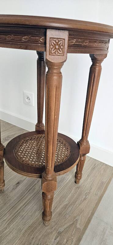 Antique marquetry side table in wood and cane.