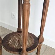Antique marquetry side table in wood and cane.