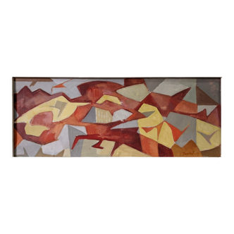 Peinture à l’huile abstraite vintage « puzzle » suédoise du milieu du siècle en rouge, encadrée
