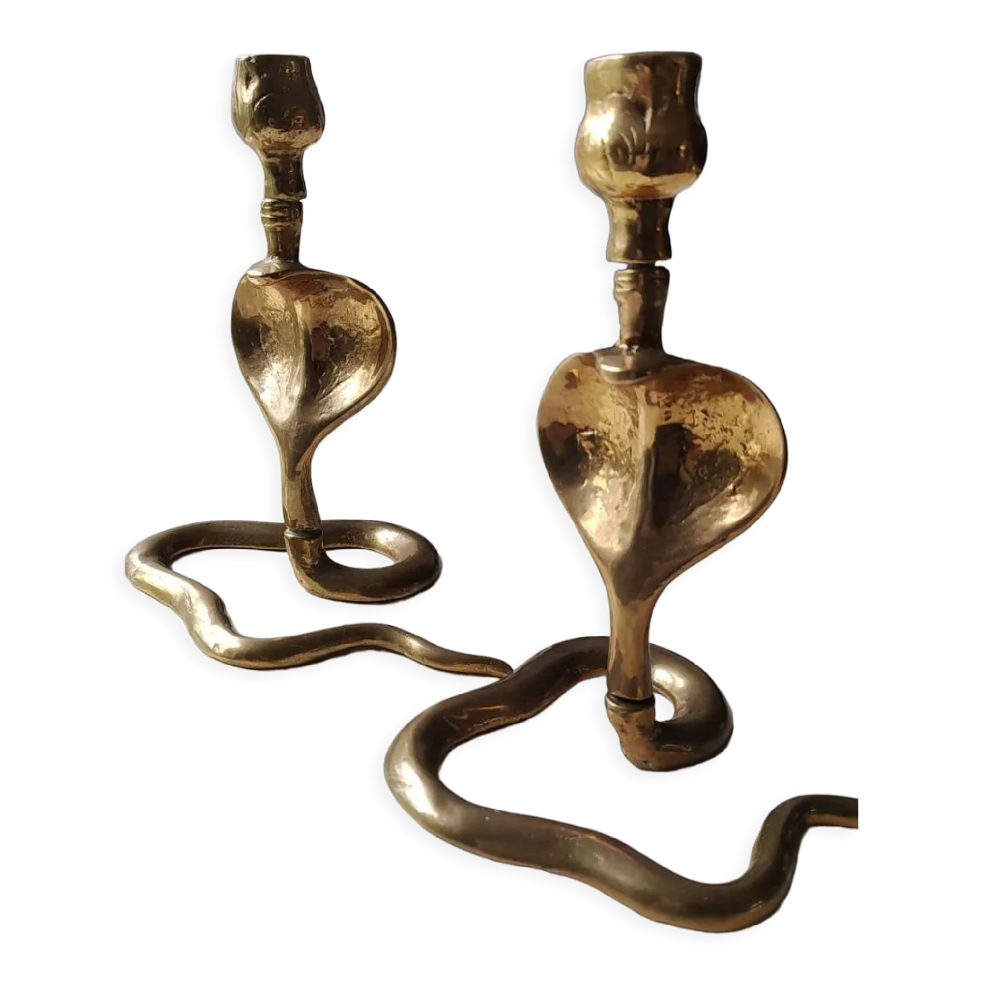 Pair of Zoomorphic candlesticks cobras, brass. Art Deco