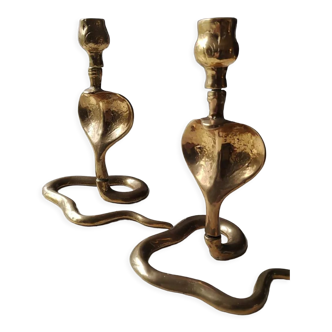 Pair of Zoomorphic candlesticks cobras, brass. Art Deco