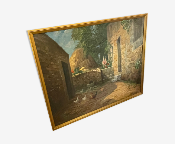 Painting " Cour de Ferme, Basse-Cour " by Max Carlier circa 1910,