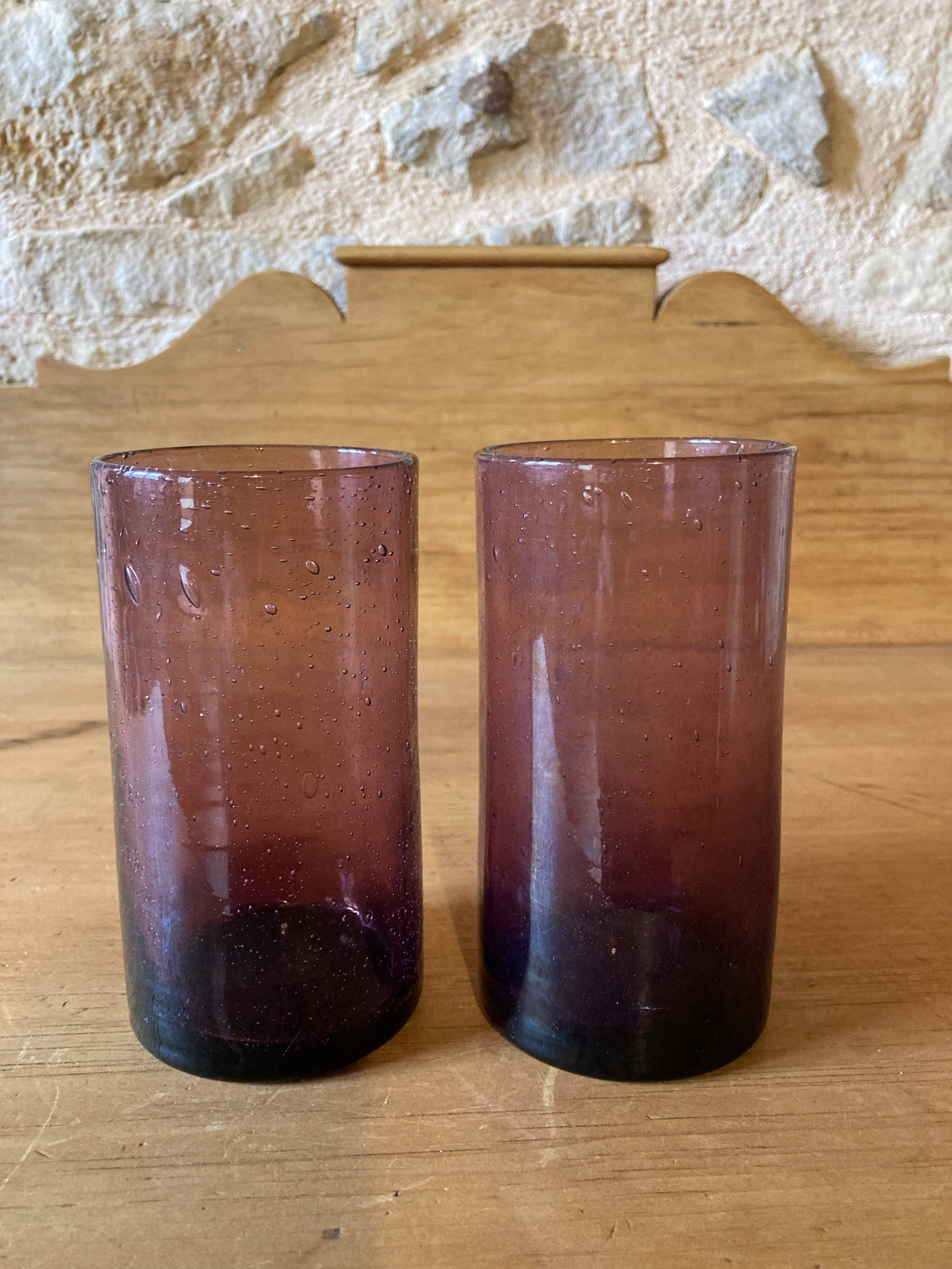 Water glasses, purple bubbled glass, Biot region