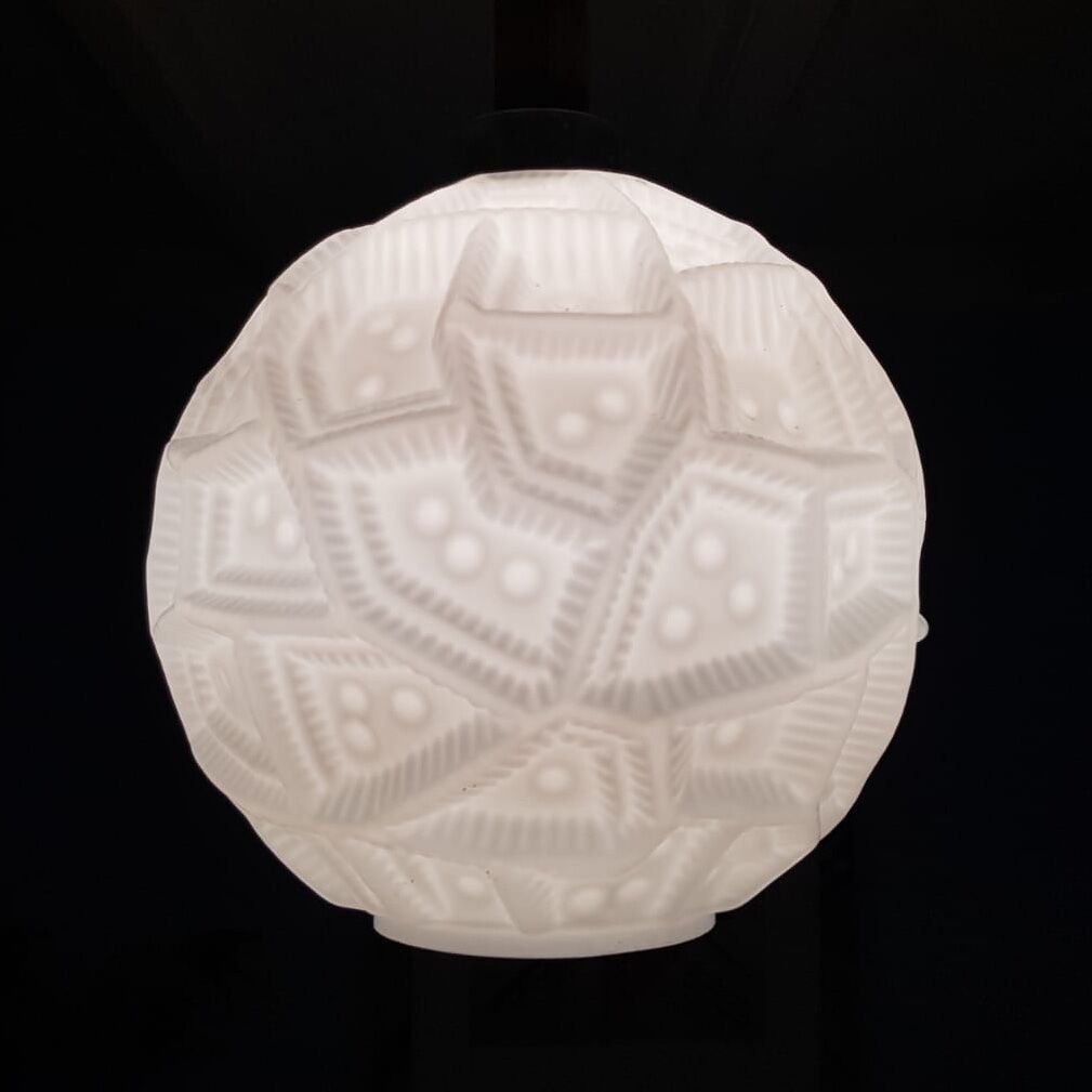 Glass sphere pendant light with teak, danish design, 70s