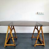 1970s dining table with bamboo trestle legs and smoked glass