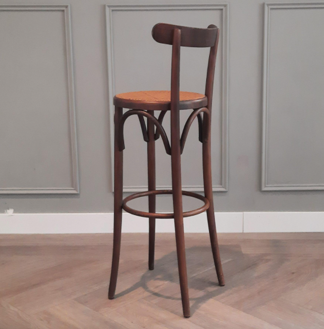 Set of 3 curved wooden bar stools with rattan seat 70s 80s
