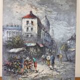 Caroline C. BURNETT: oil on canvas depicting a flower market in Paris