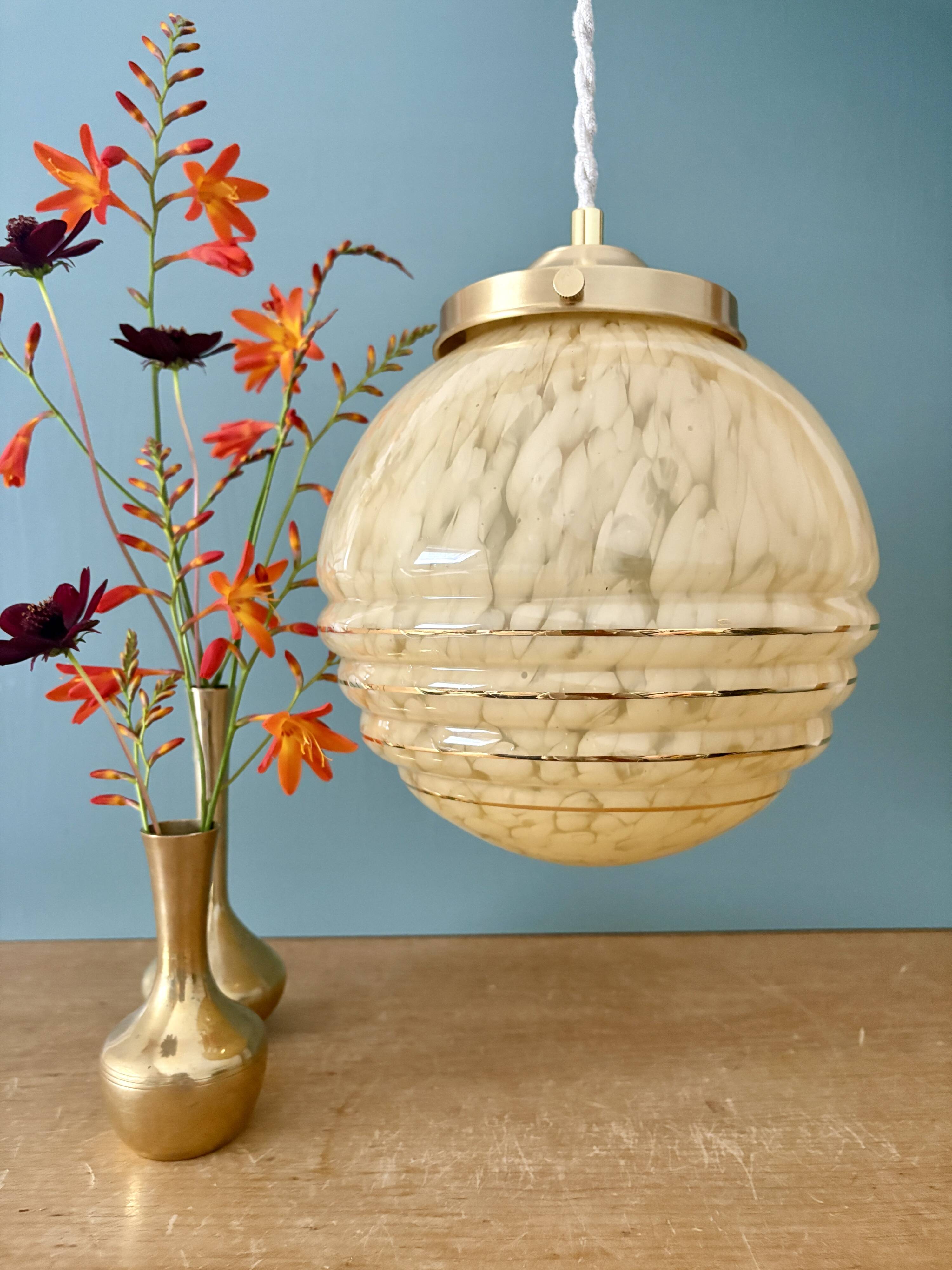 Vintage art deco globe pendant light in yellow and gold Clichy glass