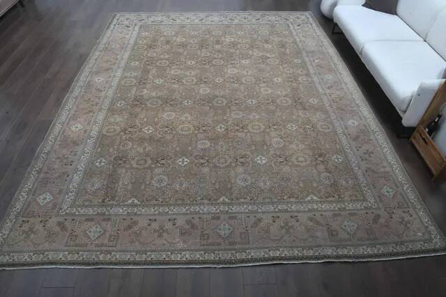 1970s Vintage Persian Handmade Wool Cotton Light Brown Area Rug 290x372