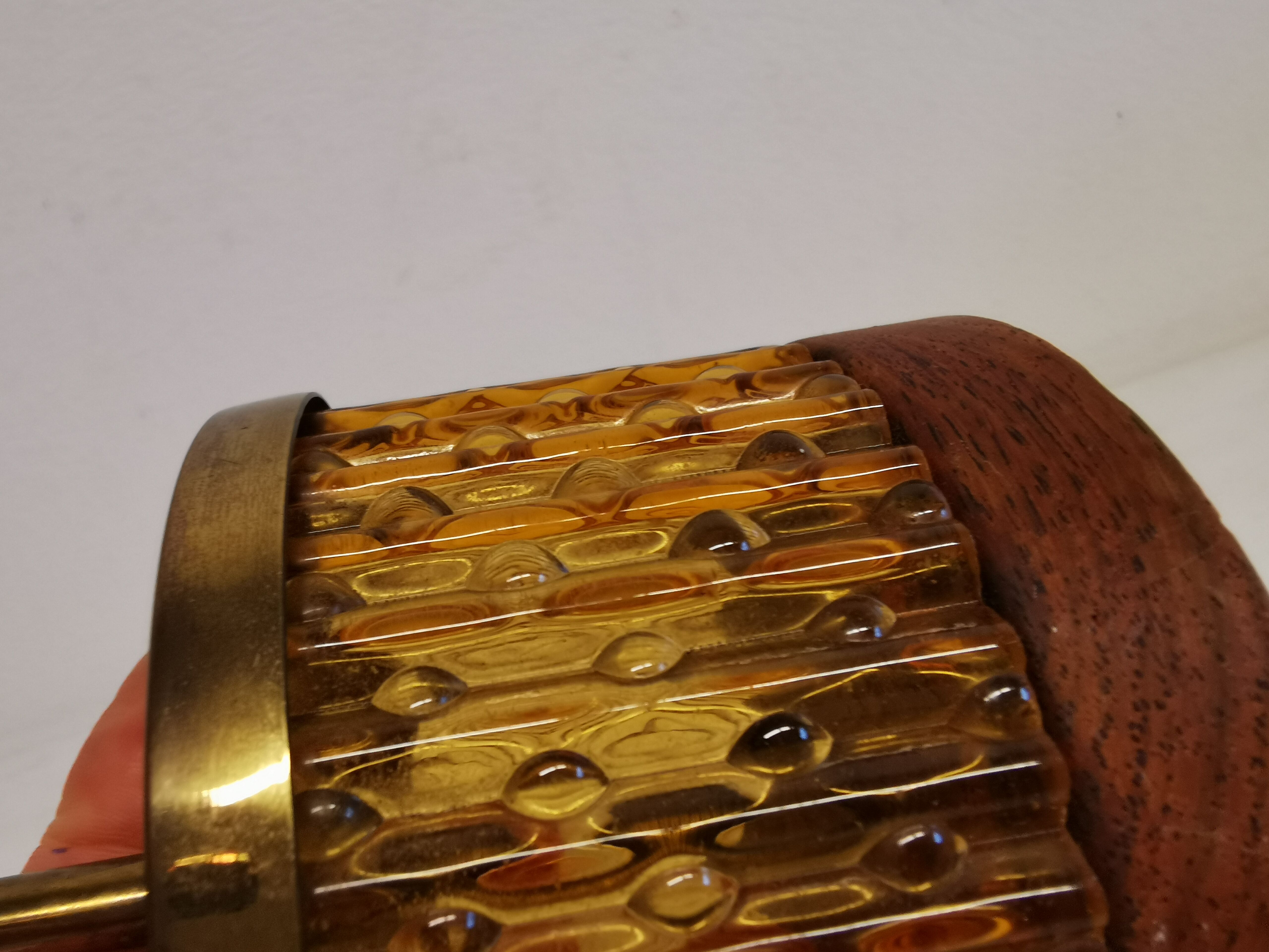 Swedish table lamp foot, made of wood, amber bubble glass and brass