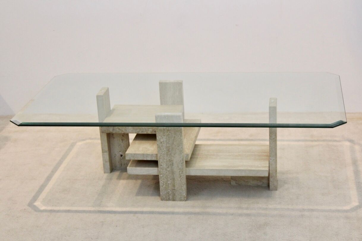 Willy Ballez travertine and cubist glass sculptural coffee table