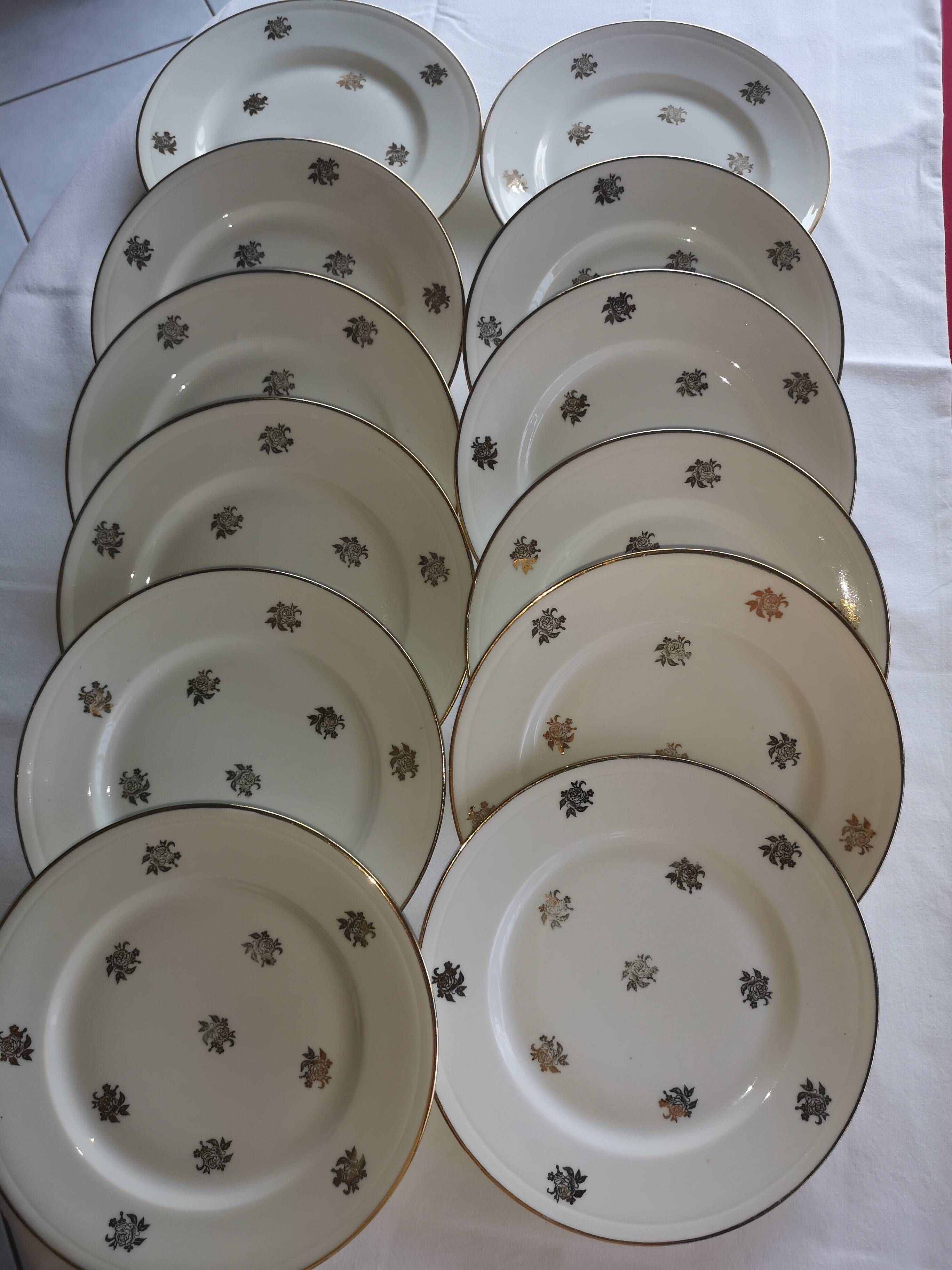 Service ancien – 12 assiettes plates en porcelaine française – décor floral