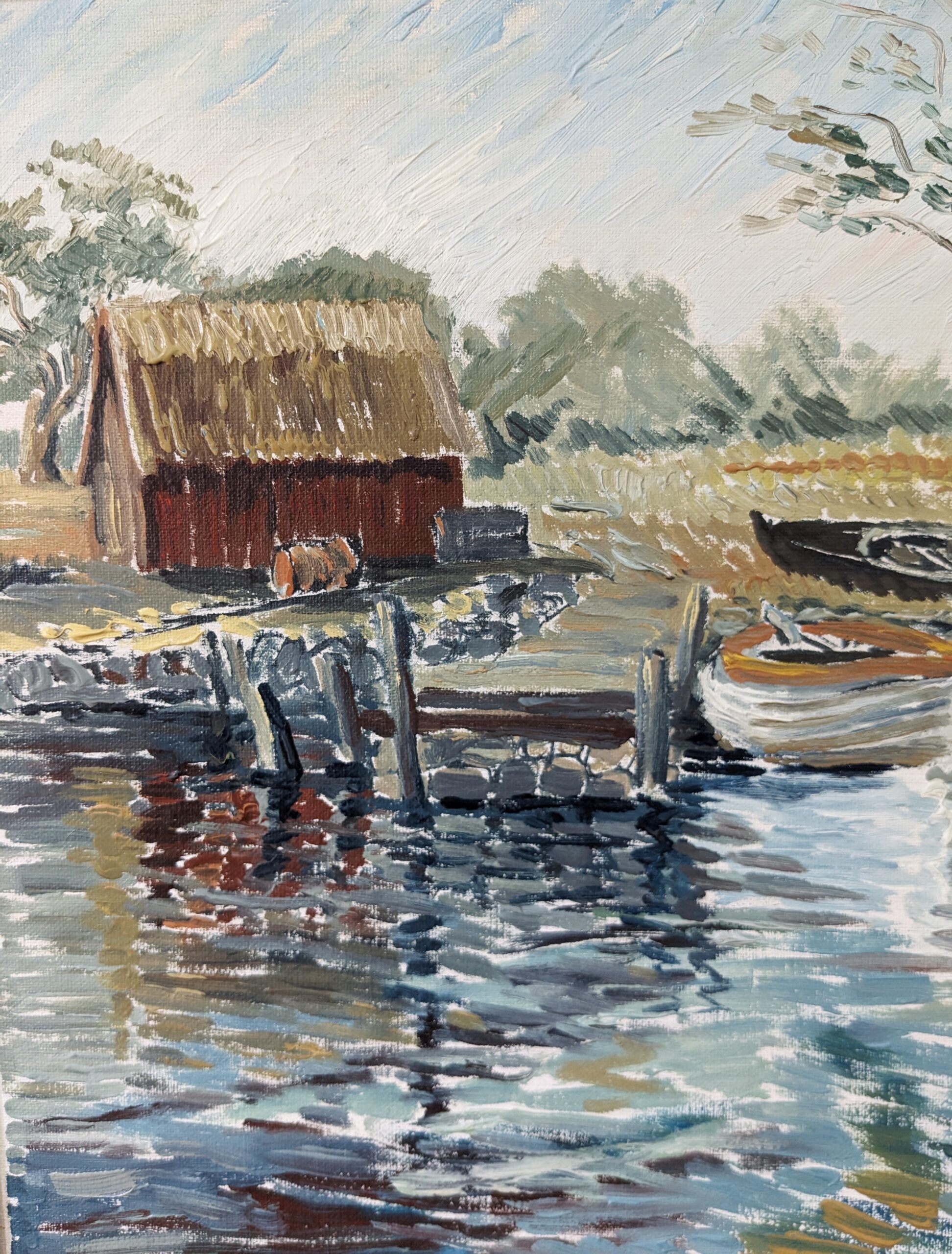 1971 Mid-Century Modern "Boathouse", Vintage Swedish Framed Oil Painting