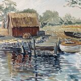 1971 Mid-Century Modern "Boathouse", Vintage Swedish Framed Oil Painting