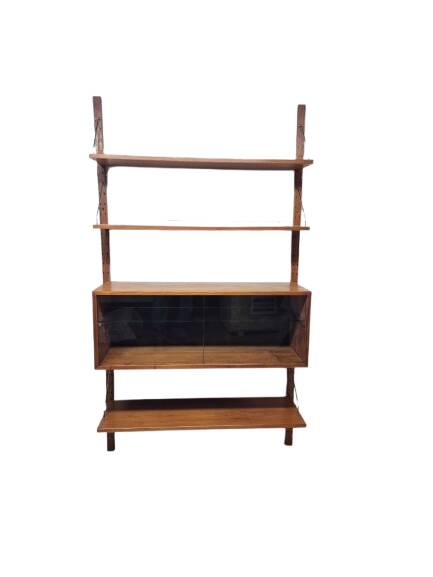 Teak shelving system with glass cabinet, marked made in Denmark, 1960.