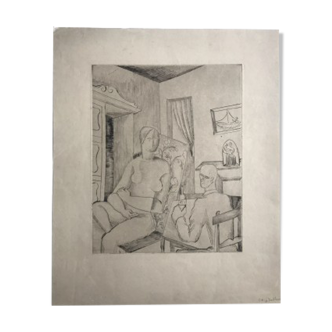 Etching  sitting and man in an interior, 50s-60s