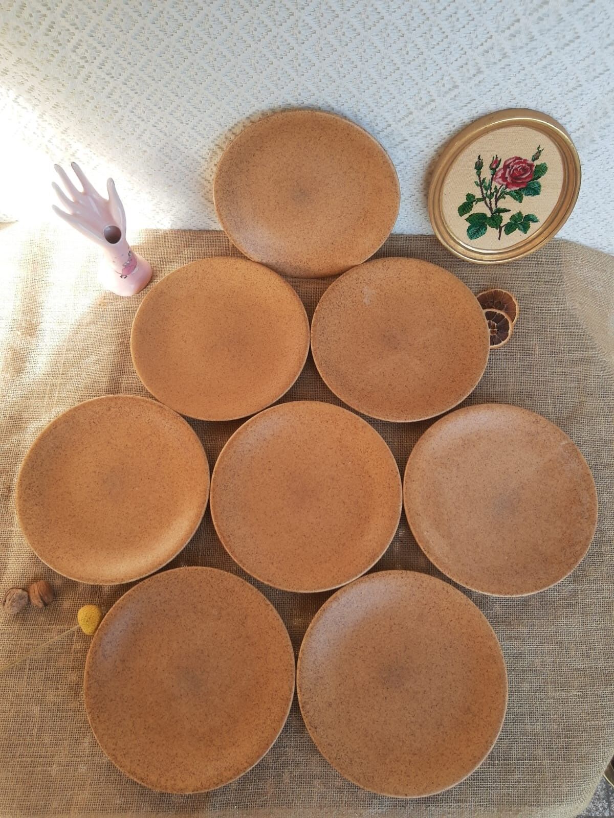 Set of 8 flat plates in Chantilly Longchamp sandstone France vintage