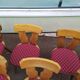 Set of 10 wooden bistro chairs with vintage cushions from the 70s/80s/90s