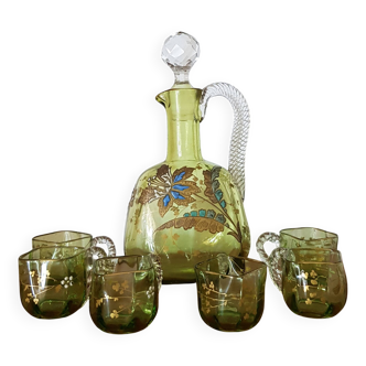 Antique enamelled glass liqueur service, early 20th century