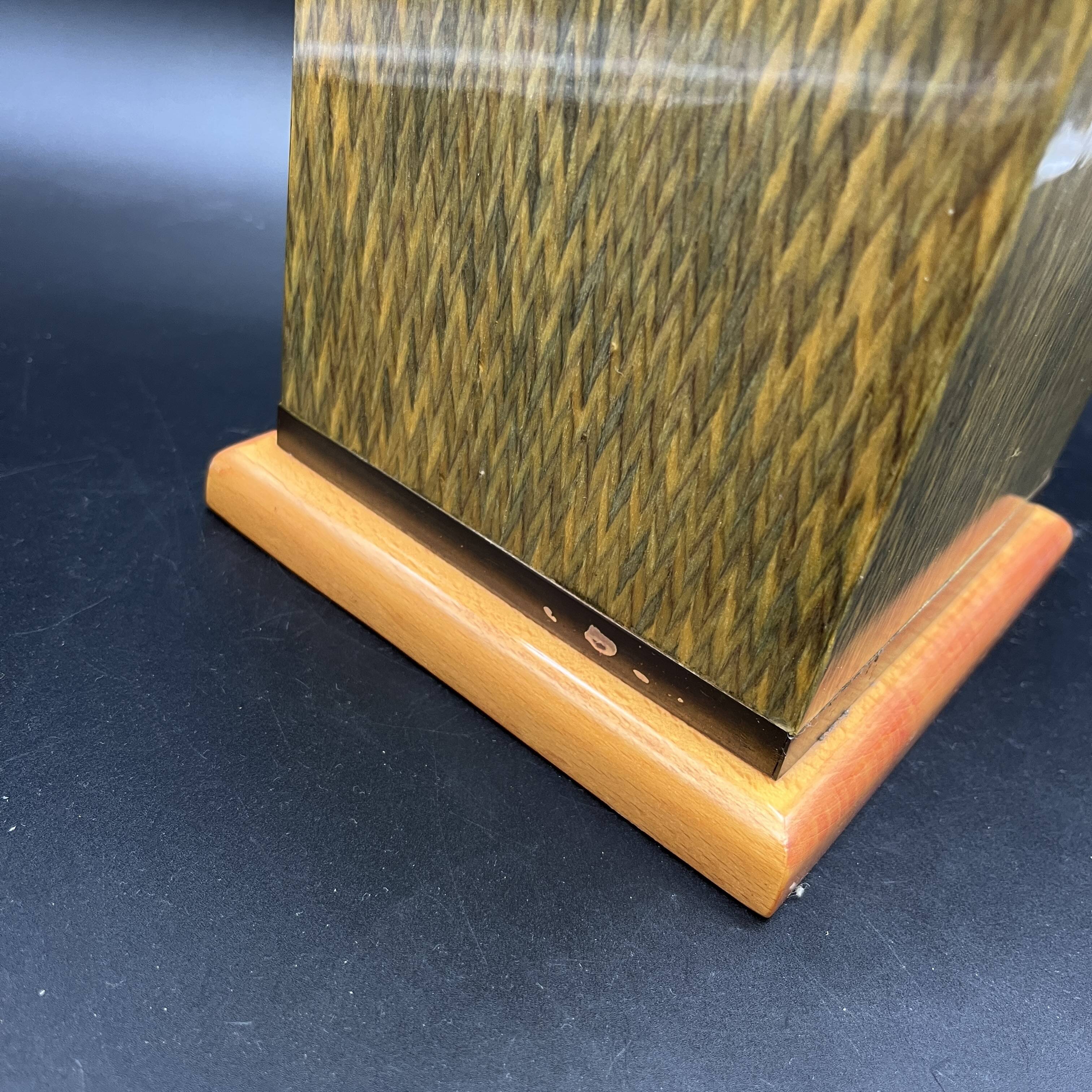 Lamp base in varnished marquetry and gilded brass Jean Claude Mahey