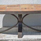 Jean Jaffeux coffee table, glazed lava stone table with wrought iron structure, 60's