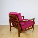 Wooden vintage brown armchair, burgundy raspberry, design by Z. Bączyk - 2 pieces available