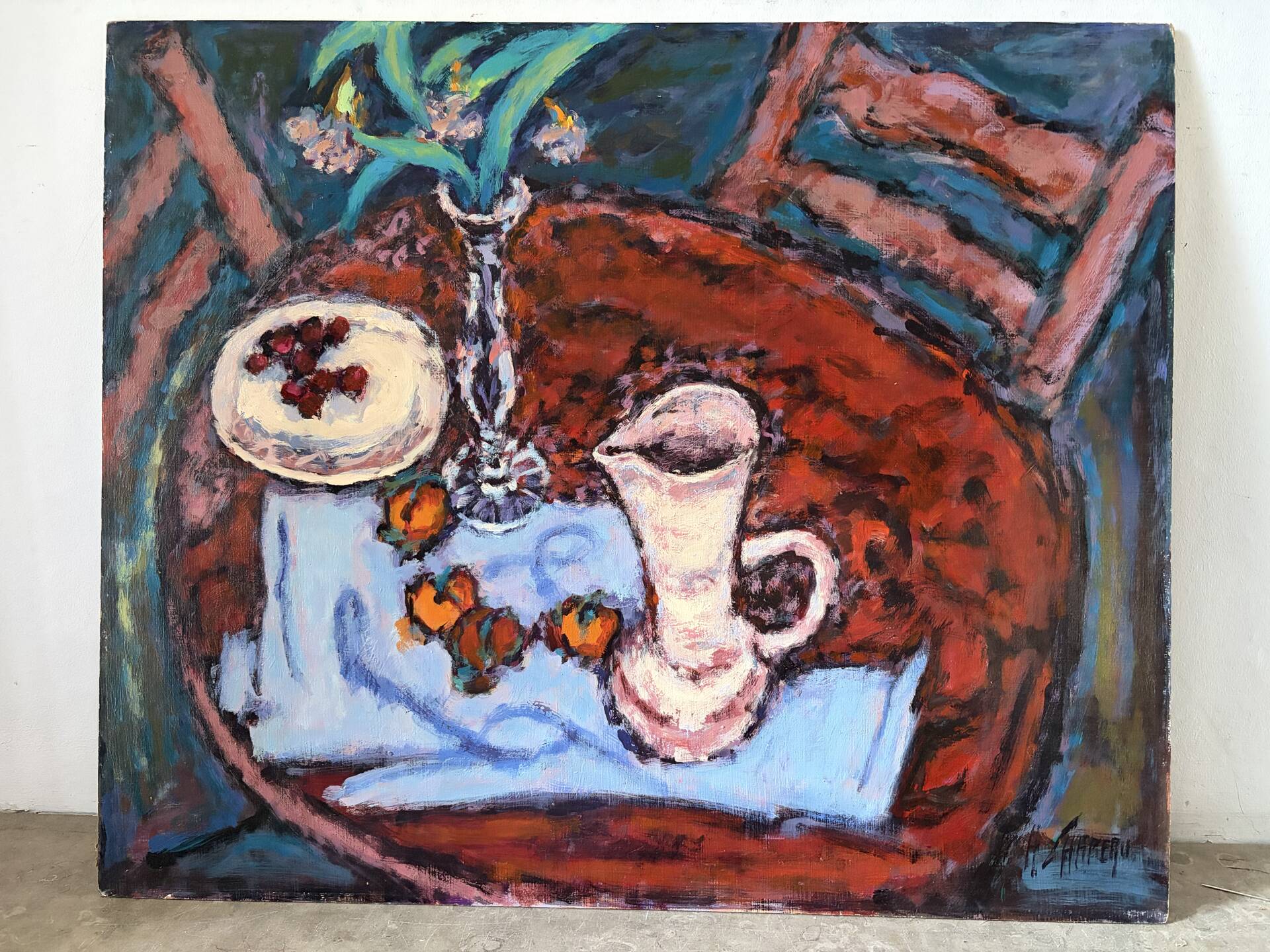 Cherries and peaches, oil on panel signed H Chapeau