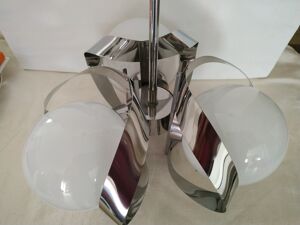 Suspension Design Space Age 3 Globes Opaline Et Inox