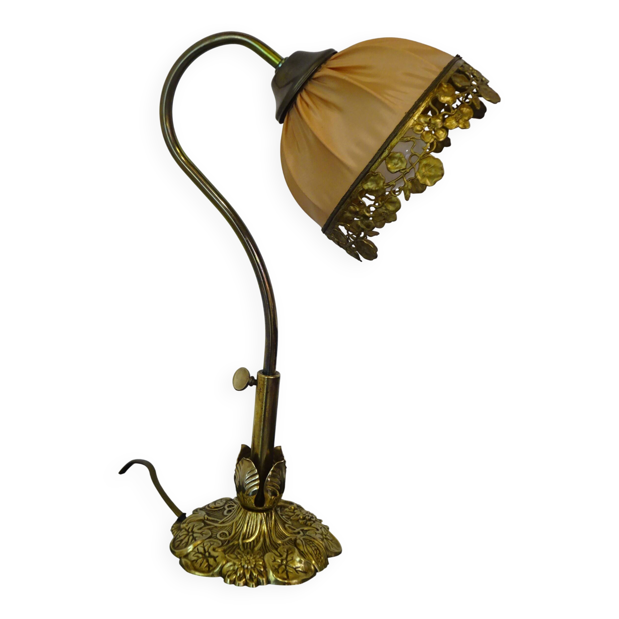 Lampe vintage à col de cygne en bronze doré et soie