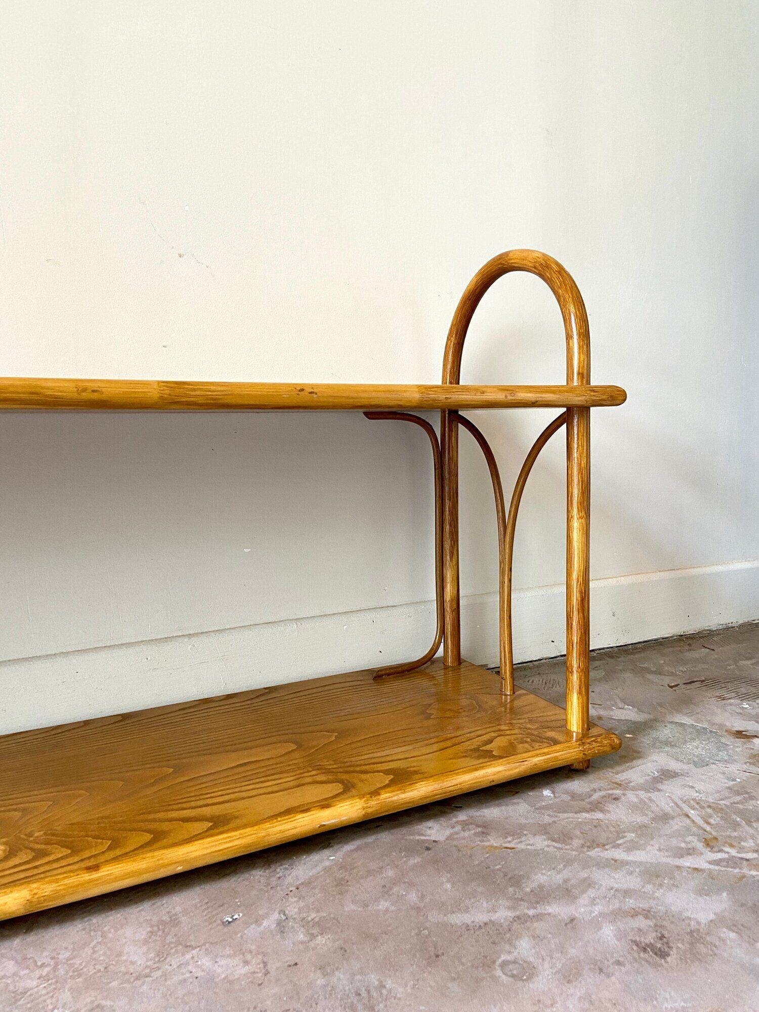 Wall shelf in light wood and rattan 1960s
