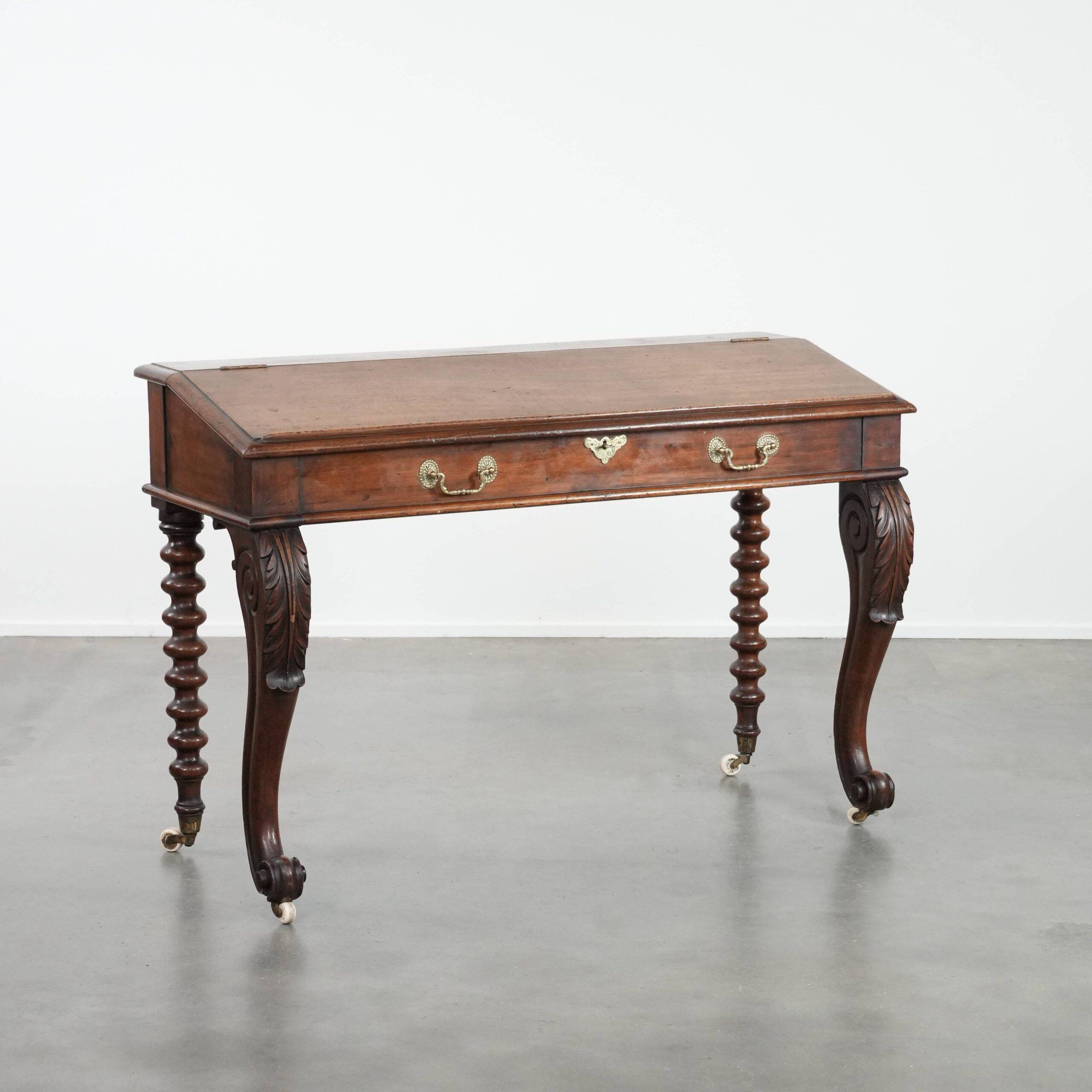 19th century English antique oak wall desk/writing table on wheels