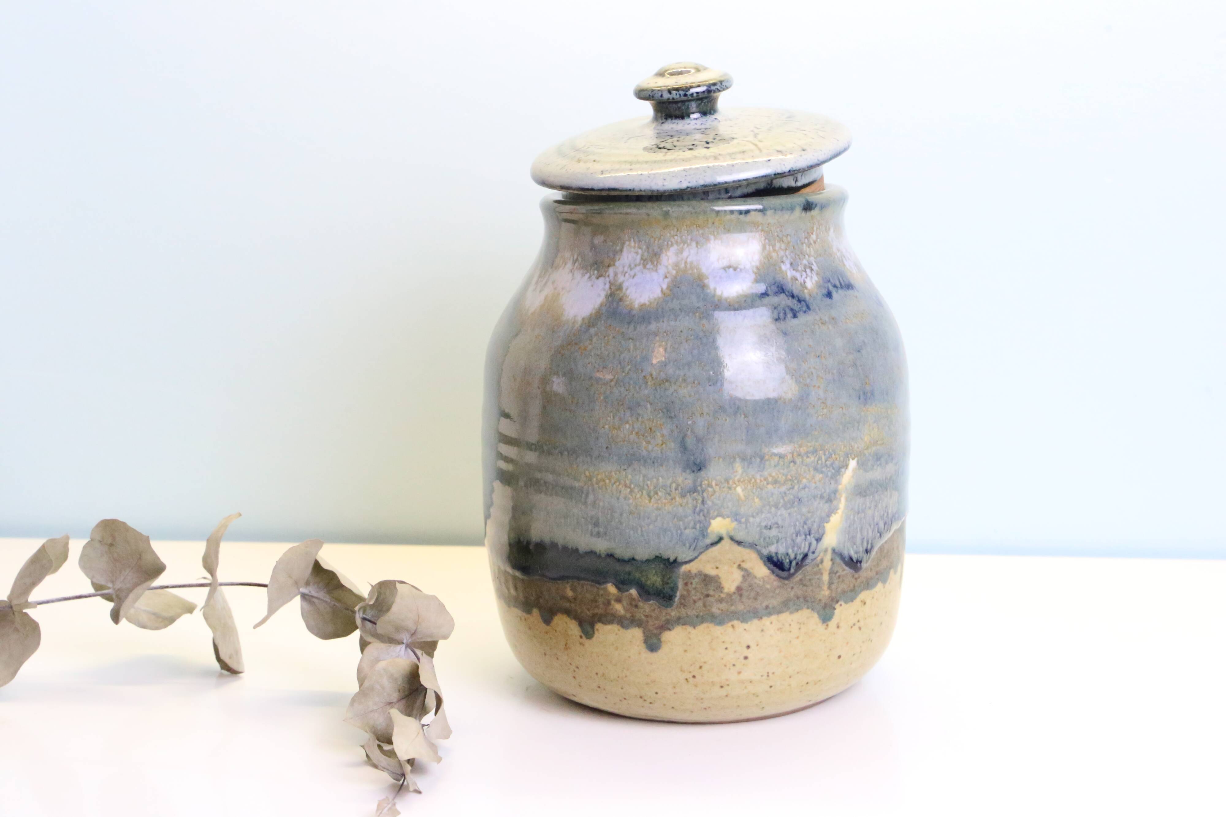 Large enamelled stoneware pot, Taizé pottery, blue and beige, vintage