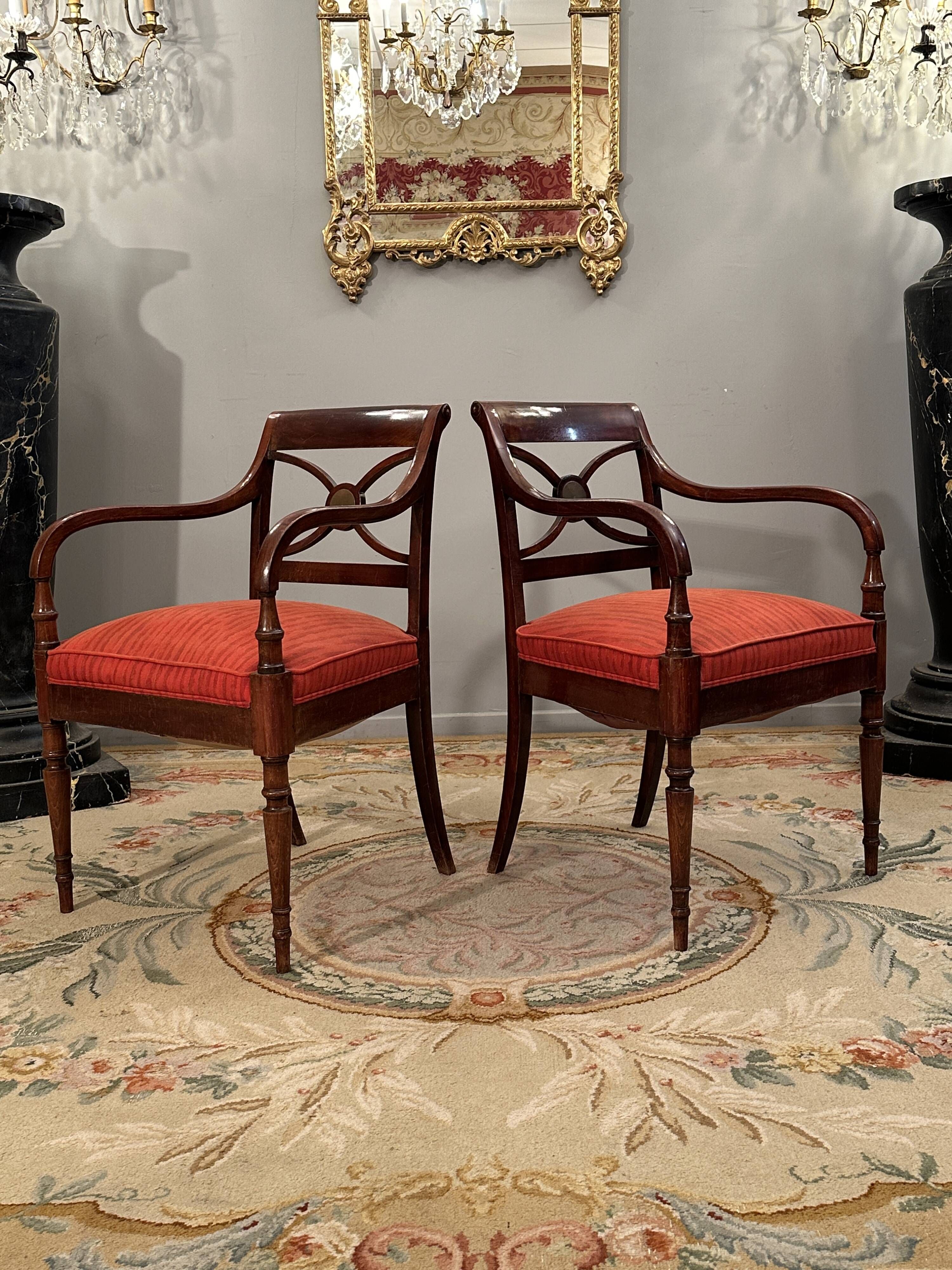 Maurice Hirch, Pair Of Stamped Mahogany Armchairs, 20th Century