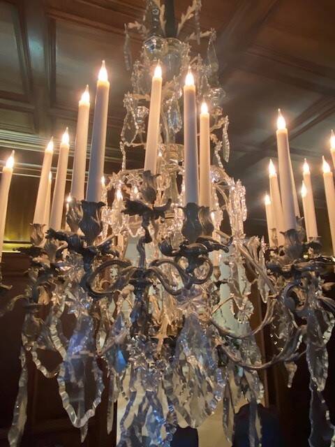 Louis XV style cage chandelier with thirty lights in silver metal