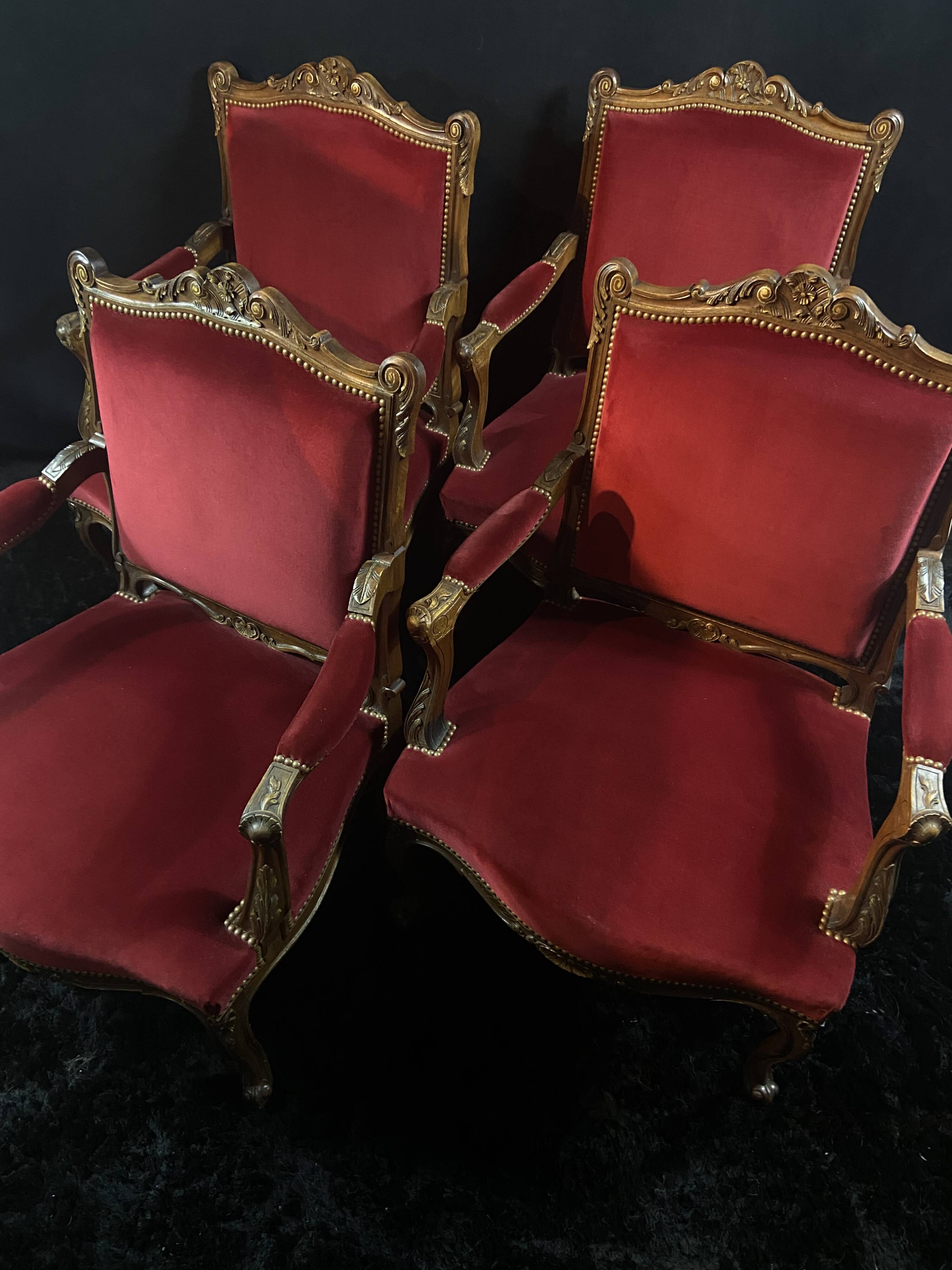 Pair of flat-back armchairs in Louis XV style in red velvet.
