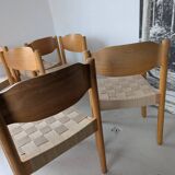 Set of 6 stackable chairs in beech and jute.